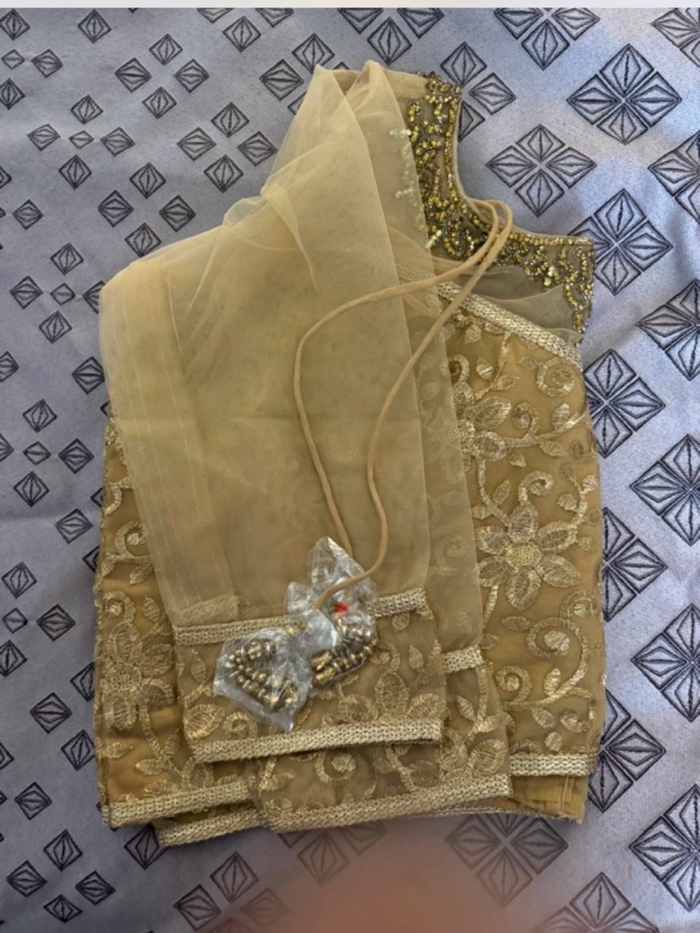 Gold Embroidered Women's Dress with Sheer Dupatta